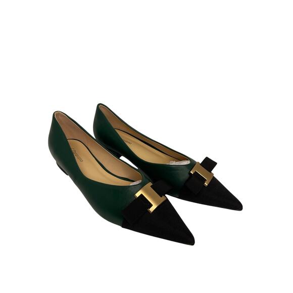C. Paravano womens Pointed Toe Metal Tie Flats size 41 Green/ Black Leather New - Picture 4 of 11